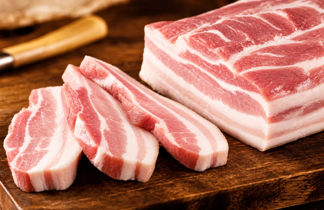 Barriga suína fresca crua fatiada sobre tábua